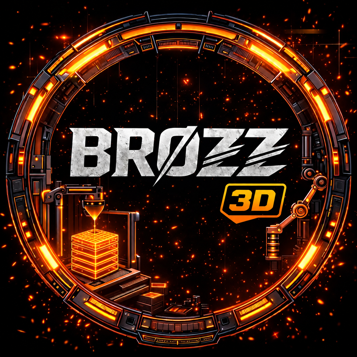 BROZZ 3D — λογότυπο με πορτοκαλί κύκλο και στοιχεία 3D εκτύπωσης